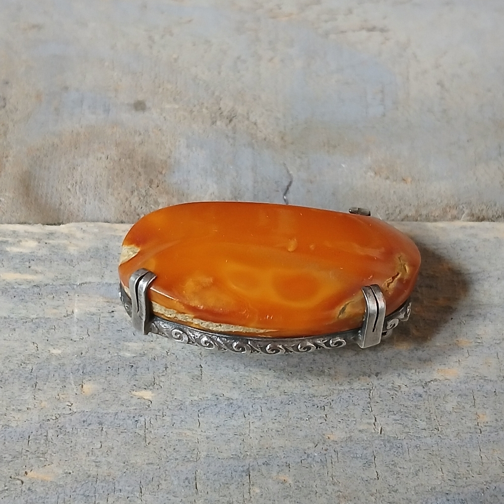 Antique .999 Silver Natural Butterscotch Egg Yolk Baltic Amber Brooch Pin Marked - Picture 3 of 16